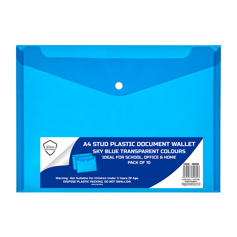 Prime A4 Stud Wallet Transparent Sky Blue Pack of 10